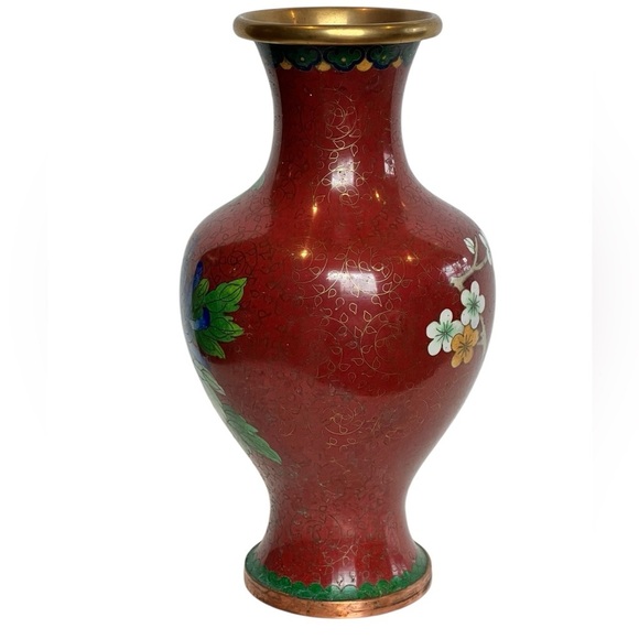 Vintage Chinese Cloisonne Enamel Floral & Bird Vase 9" - Picture 2 of 9